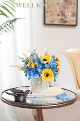 Small Fake Flowers in Plastic Vase 7″ Centerpieces Coffee Sunflowers & Blue