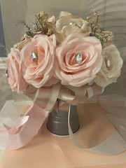 Pink And White Quinceañera Wedding Bouquet With Rhinestones And Ribbons
