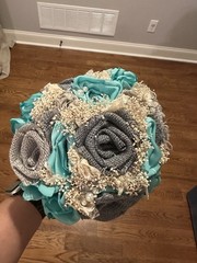 Beautiful Handmade Bridal Bouquet &Boutonnière Set W/Spa Blue Satin, Burlap&Lace