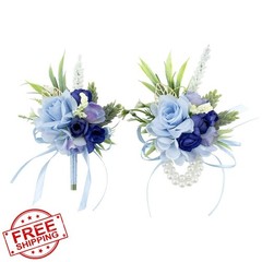Floinla Blue Wrist Corsage and Boutonniere Set Artificial Rose
