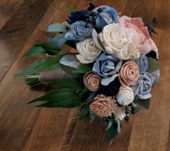 9PC Dusty Blue Pink Sola Wood Bridal Bouquet Artificial Blush Wedding Flower Set