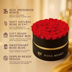 50 Petite Preserved Roses, Designer Round Box, Real 50 Red
