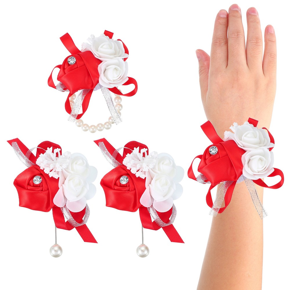 4 Pcs Wrist Corsage and Boutonnieres Set Silk Rose Wedding Bridesmaid Red