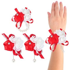 4 Pcs Wrist Corsage and Boutonnieres Set Silk Rose Wedding Bridesmaid Red
