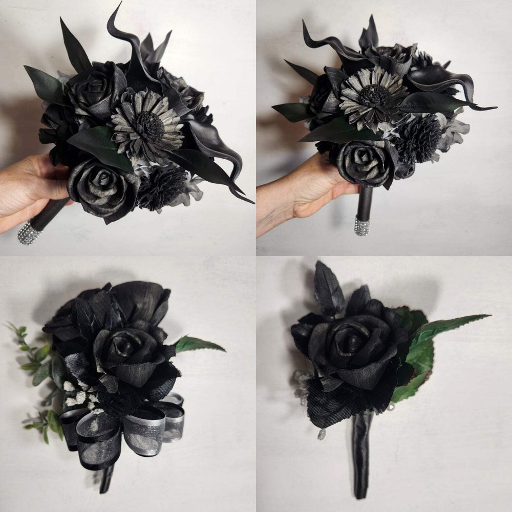 Black Rose Calla Lily Sola Wood Bridal Wedding Bouquet Accessories