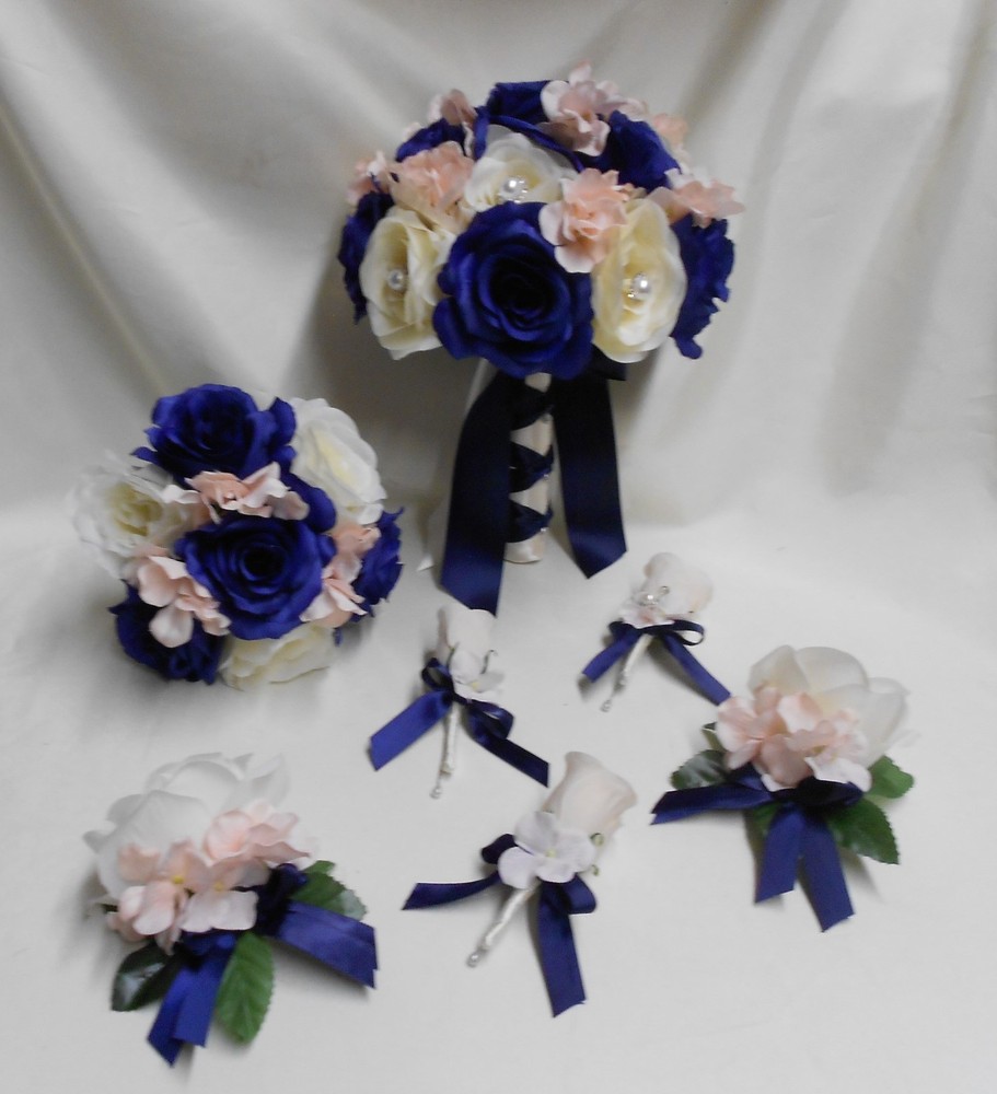 Wedding Silk Flower Bridal Bouquets 18 pcs Package Ivory Navy Blue Pink/Blush