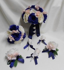 Wedding Silk Flower Bridal Bouquets 18 pcs Package Ivory Navy Blue Pink/Blush