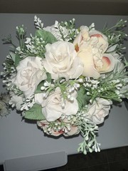 Bridal Bouquet White Roses Peonies Baby Breath + wrist Corsage Baby White Roses