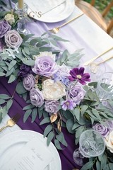 Ling’s Moment Eucalyptus Garland with Flowers, 6FT Wedding Table Decor, Purple