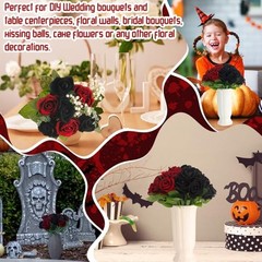 36 Pcs Silk Black Red Rose Bouquet Bridal Artificial Flowers,Fake Black, Red
