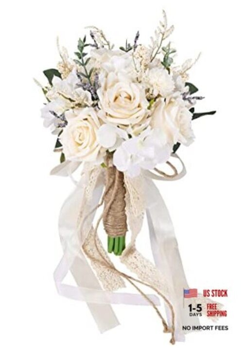 Wedding Bouquets for Bride Bridesmaid, White Champagne Artificial Roses 7.5in