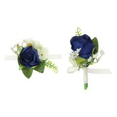 2 Pcs Artificial Rose Wrist Corsage and Boutonnieres Set Wedding Dark Blue