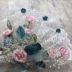 Vintage Shabby Chic Heart Wedding Bouquet Lace Green Ribbon & Pink Roses Wrist