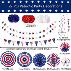 4th of July Patriotic Party Decorations 27 PCS Set, 6 Paper Fan, 6 Flower
