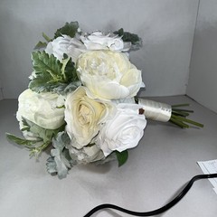 Bridal Bouquet Ivory White Roses Ranunculus Silk Flowers Pearl Center Weddingnew