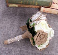 Handmade Burlap Wedding Bouquet Artificial Rose Pearl LaceBridesmaid Toss Bridal