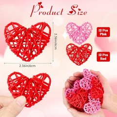 24 Pieces Valentine Heart Shaped Rattan Balls 2.36 Inch Heart Vase Red, Pink