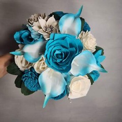 Teal Ivory Rose Calla Lily Real Touch Bridal Wedding Bouquet Accessories