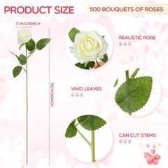 500 Pcs Artificial Silk Roses Flowers with Long Stem Bridal Wedding White