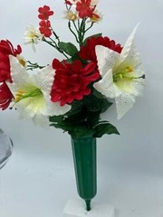 Silk Flower Red Mum White Lilly Bouquet Vase