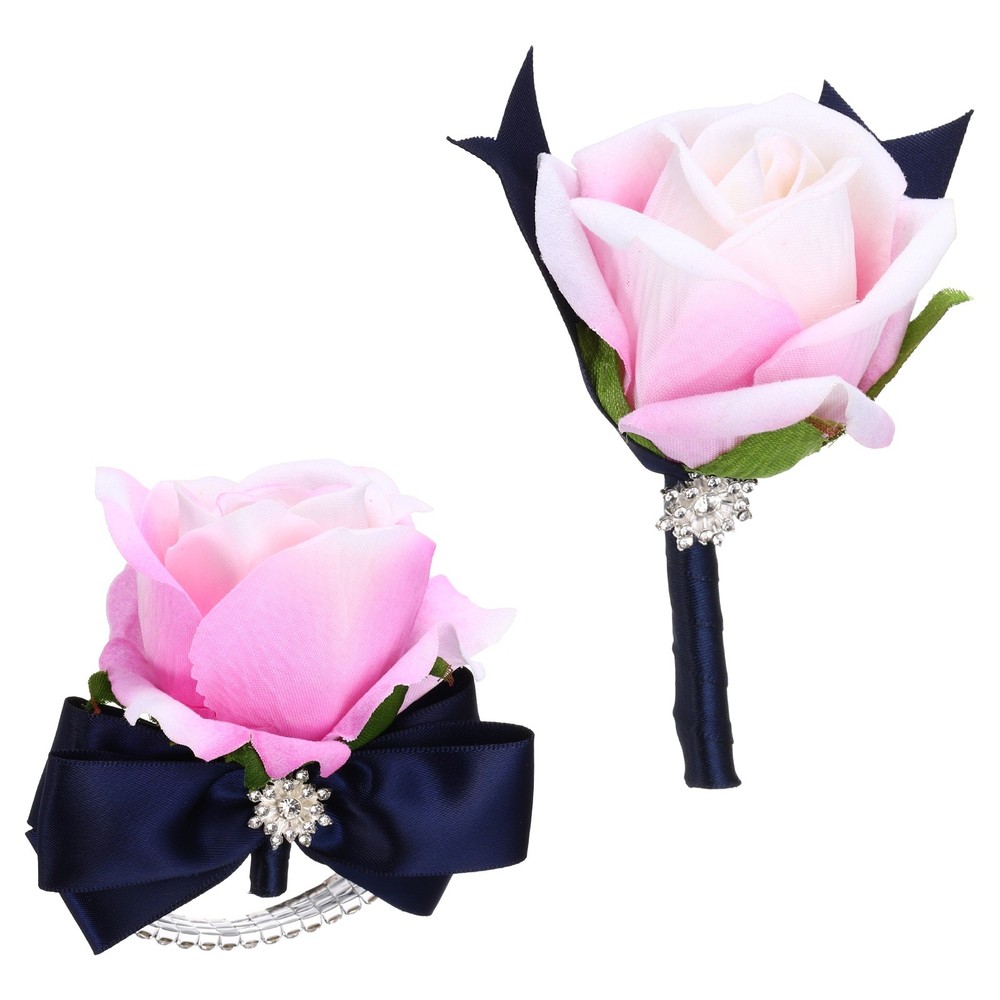 2Pcs Wrist Corsage Boutonnieres Set with Navy Blue Ribbon, Rose Pink