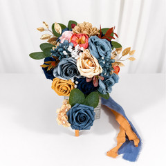 Dusty Blue Yellow Orange Silk Rose Bridal Bouquet Boutonniere Wedding Set Decor