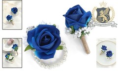Sophisticated Royal Blue Flower Wrist Corsage & Boutonniere – Wedding Essentials