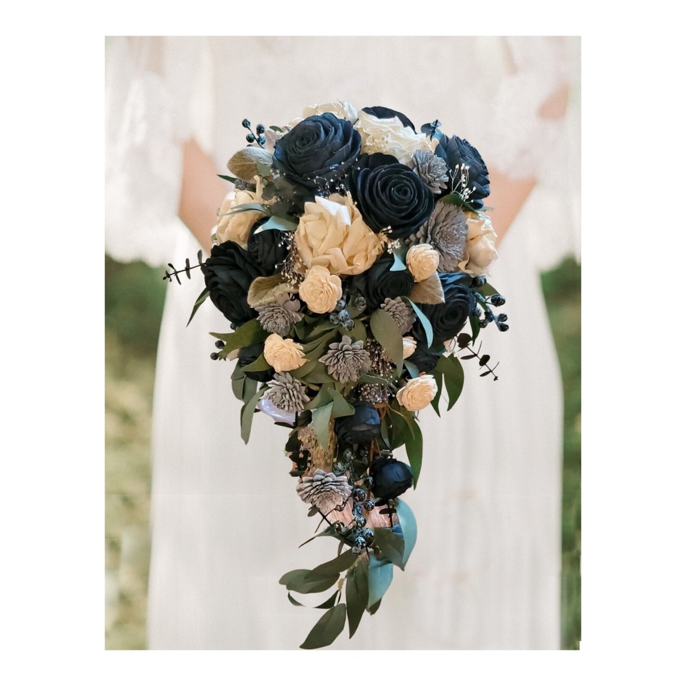 Navy Dusty Blue Cascade Bridal Bouquet Organic Sola Wood Bride Wedding Flowers