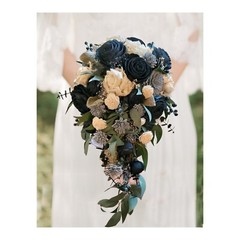 Navy Dusty Blue Cascade Bridal Bouquet Organic Sola Wood Bride Wedding Flowers