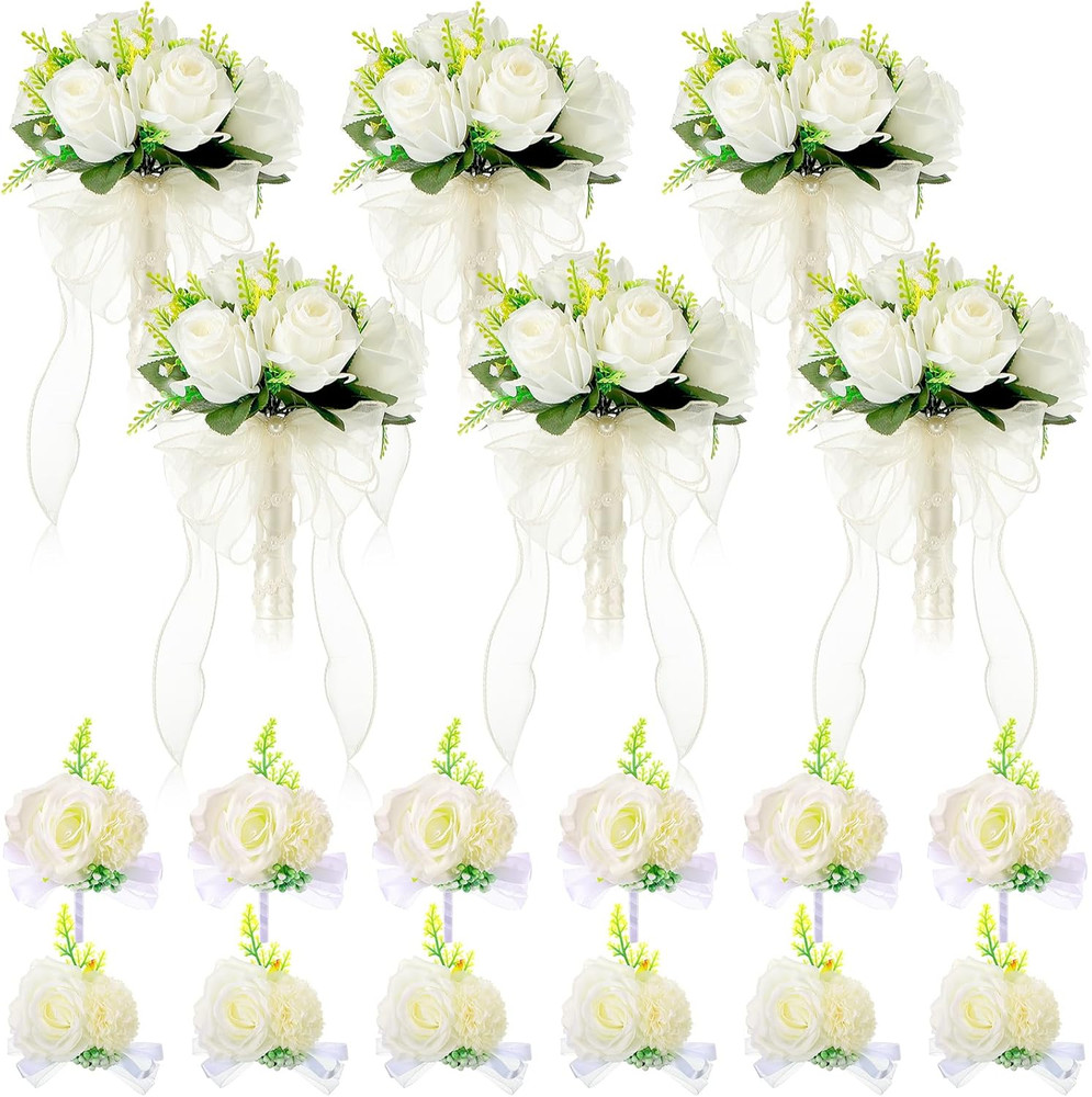 Bridesmaid Flower Set: 6 Bouquets, Boutonnieres & Corsages for Weddings