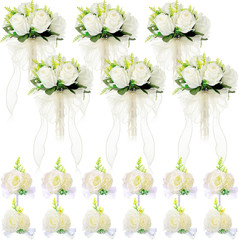 Bridesmaid Flower Set: 6 Bouquets, Boutonnieres & Corsages for Weddings