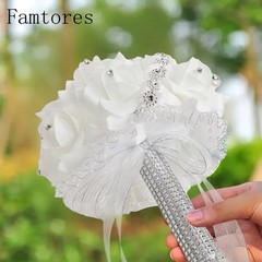 Real Touch Wedding Bouquet White Roses Crystal Bling Handle Silk Bridal Flowers