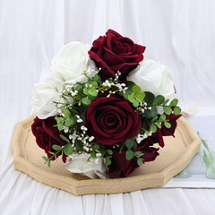 9in Wedding Bouquets for Bride Bridesmaid, Burgundy & White Artificial Roses Flo