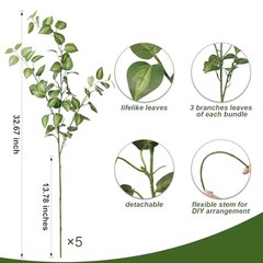 5PCS Artificial Eucalyptus Leaves Stem Plants for Spring Decor, 32.7 Green