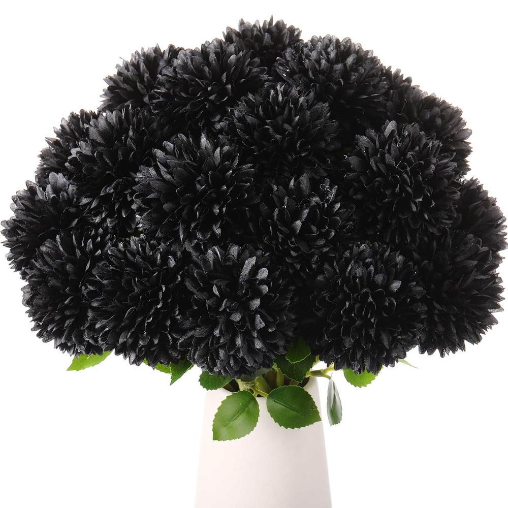 36 Pcs Black Artificial Marigolds Faux Ball Chrysanthemum Flowers Bouquet Sil…