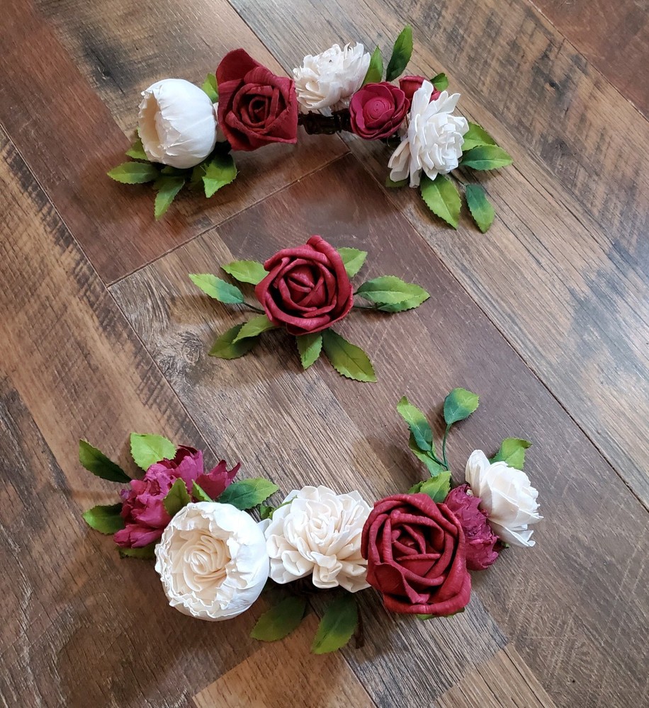 3PC Maroon Burgundy White Wedding Cake Flower Artificial Sola Wood Garland Decor