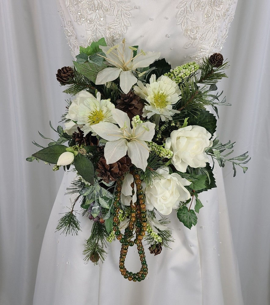 Petite Whites and Pine Faux Silk Cascade Wedding Bouquet
