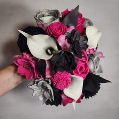 Fuchsia Silver Black Rose Calla Lily Bridal Wedding Bouquet Accessories