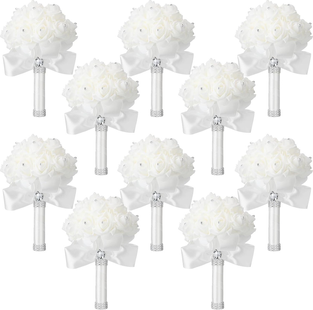 Elegant 10-Piece White Rose Wedding Bouquet Set with Diamond Ribbons