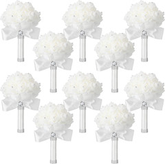 Elegant 10-Piece White Rose Wedding Bouquet Set with Diamond Ribbons