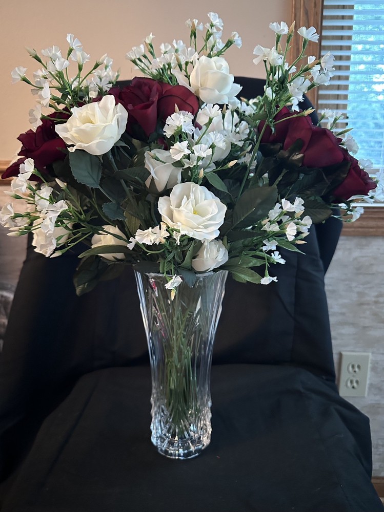 Bouquet Of Beautiful Red and White Silk Roses with silk baby’s breath.