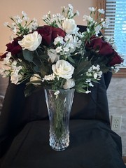Bouquet Of Beautiful Red and White Silk Roses with silk baby’s breath.