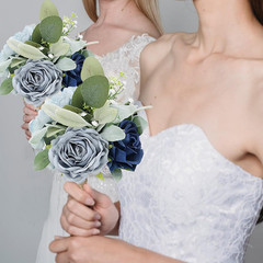10 Silk Rose Bridesmaid Bouquets – Rustic Blue Floral Centerpieces, 7 Inch
