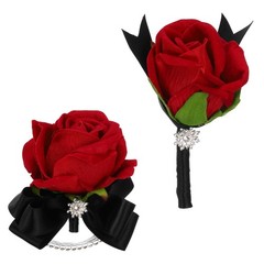 2Pcs Wrist Corsage Boutonnieres Set with Black Ribbon, Bright Red