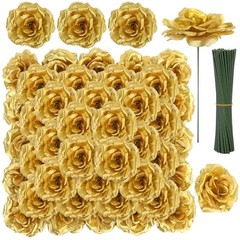 Rose Head Flowers with Stem – 108pcs Rose Artificial Flowers Bulk – 3.1” Gold