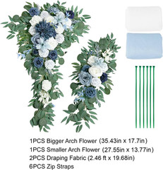 Dusty Blue Wedding Arch Flowers Kit with Draping Fabric – 4 Pcs Set