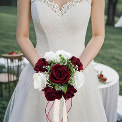 9in Wedding Bouquets for Bride Bridesmaid, Burgundy & White Artificial Roses Flo