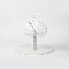 Real Touch Wedding Bouquet White Roses Crystal Bling Handle Silk Bridal Flowers