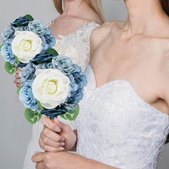 Dusty Blue & Ivory Rose Bridesmaid Bouquets Set of 4 for Weddings