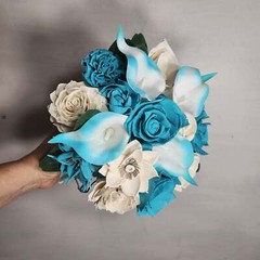 Turquoise Ivory Rose Sola Wood Bridal Wedding Bouquet Accessories